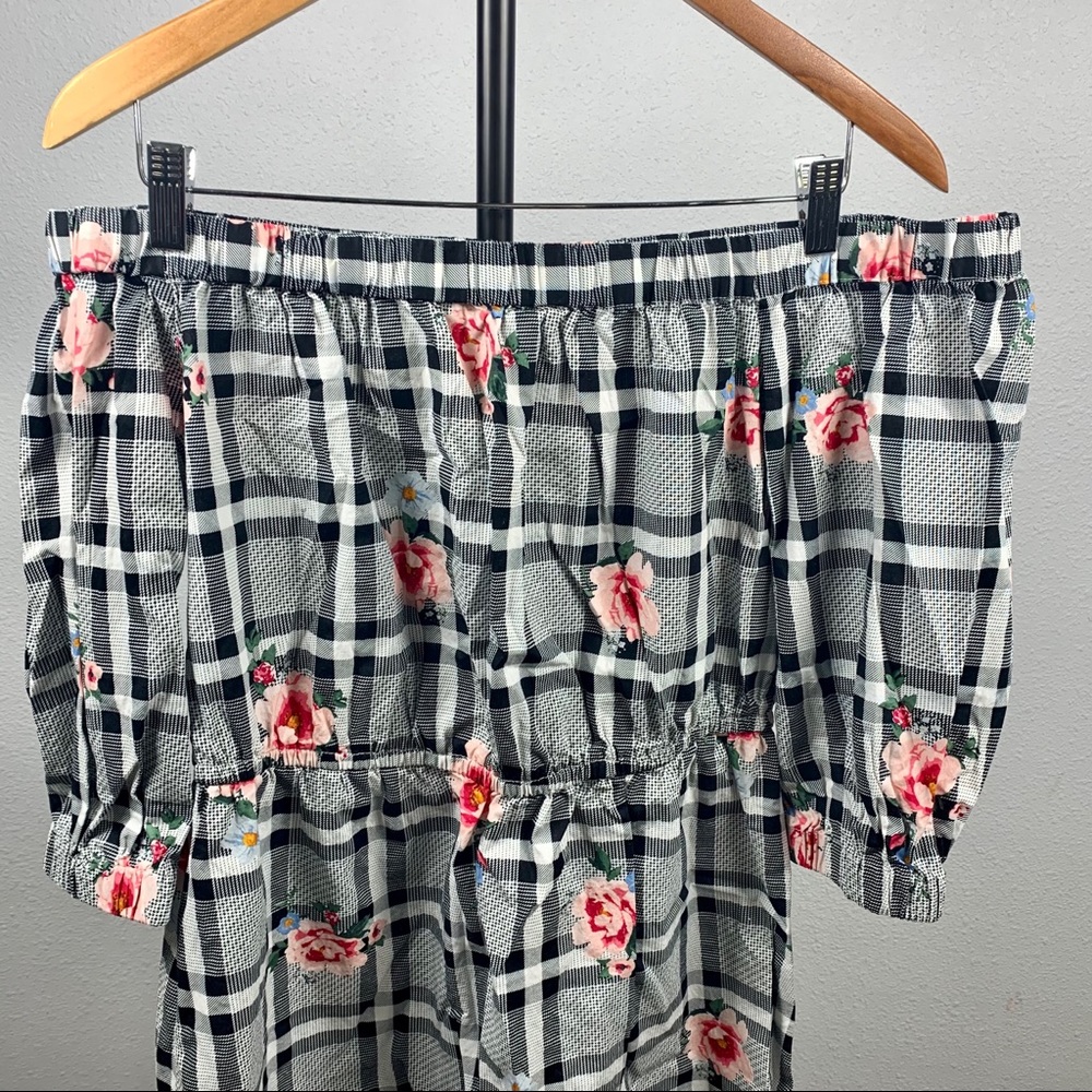 H&M Divided Plaid & Floral Off-Shoulder Mini Dress - Size L (NWOT) - Picture 5 of 8